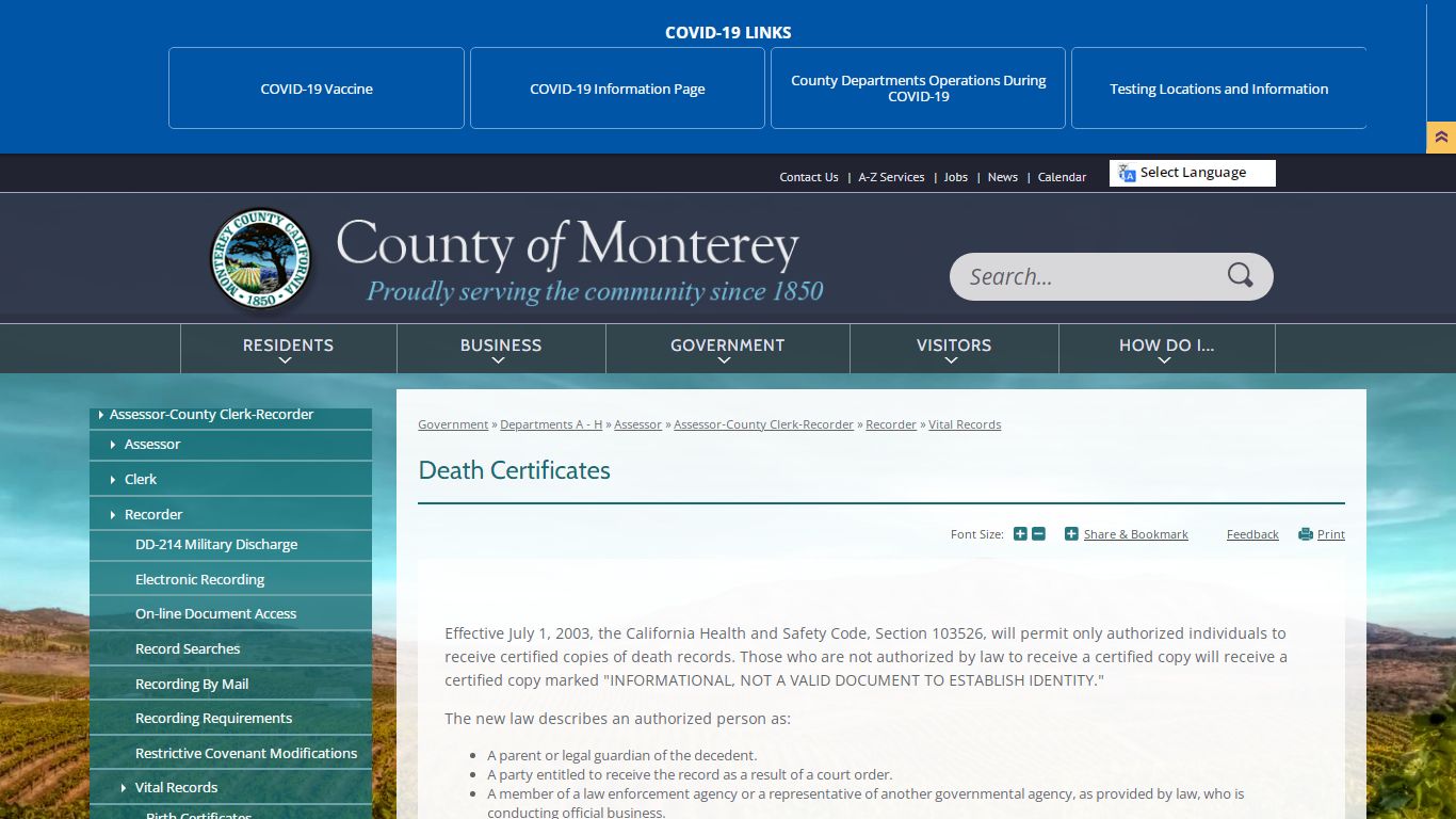 Death Certificates | Monterey County, CA